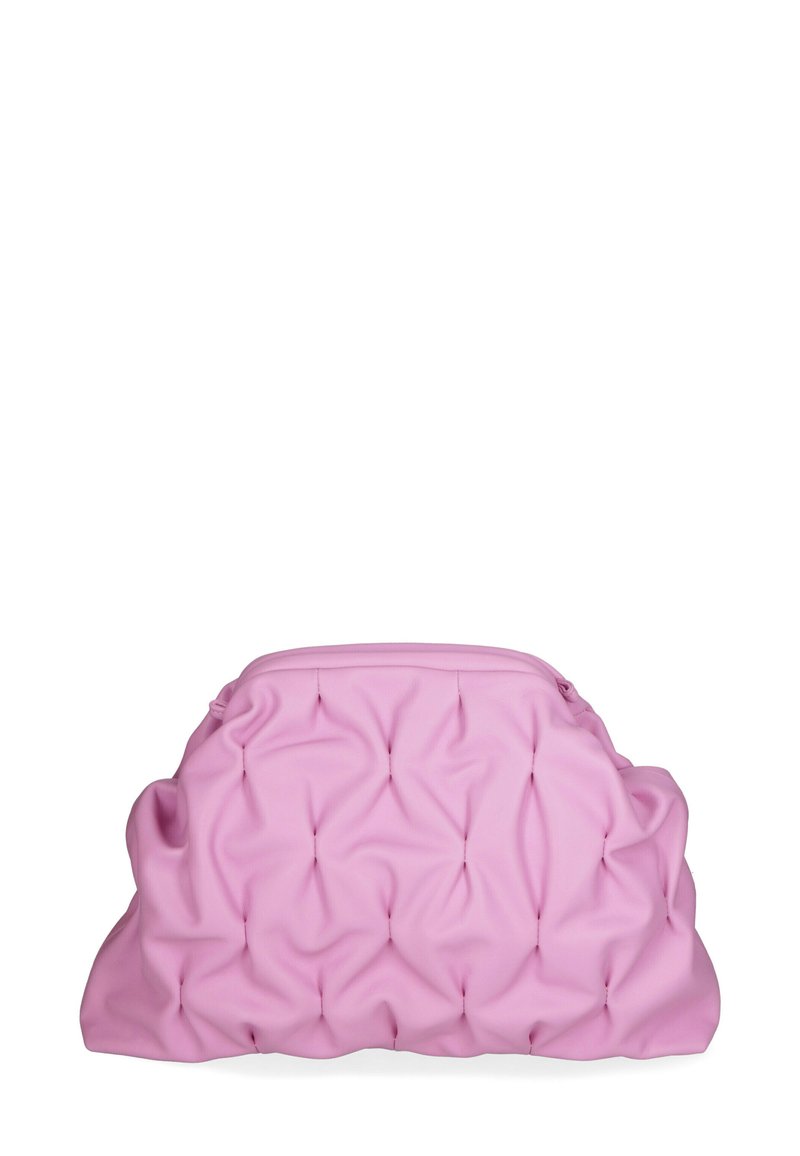 Borsa a mano rosa, trapuntata, con forma arrotondata, realizzata in materiale liscio. Presenta una texture arricciata e una chiusura con zip.