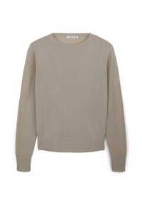 Maglione beige realizzato in morbido tessuto a maglia, con scollo rotondo, maniche lunghe e polsini e orlo a costine. Design semplice e privo di decorazioni.