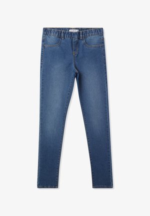 Blaue Skinny-Fit-Jeans aus Denim mit elastischem Bund, Vorder- und Gesäßtaschen sowie dezentem Verblassen an Oberschenkeln und Knien.