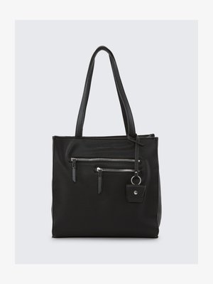 Fekete bőrtáska textúrált felülettel, két elülső cipzáras zsebbel, leválasztható kulcstartóval és dupla vállpánttal.