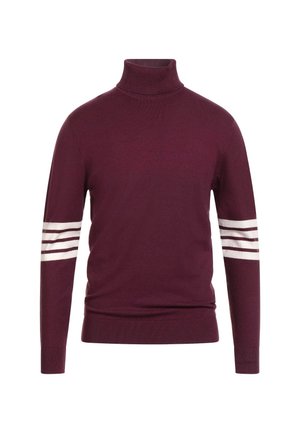 Maglione dolcevita bordeaux in soffice maglia, con strisce bianche su ciascun manica e polsini e orlo a costine per una vestibilità aderente.