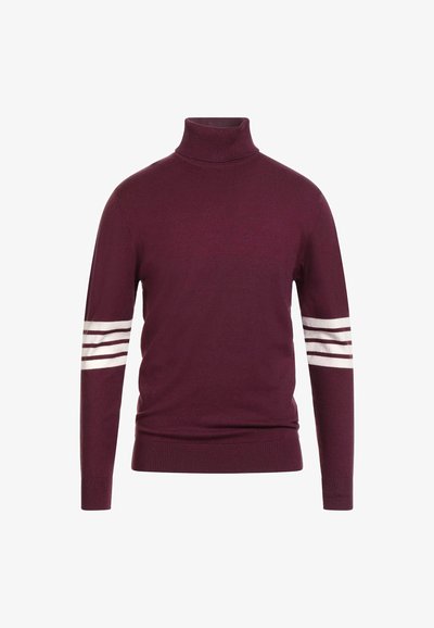 Maglione dolcevita bordeaux in soffice maglia, con strisce bianche su ciascun manica e polsini e orlo a costine per una vestibilità aderente.