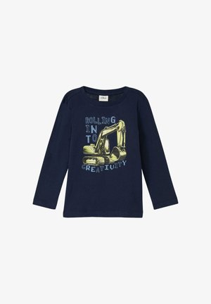 Chemise à manches longues bleu marine avec un graphisme d'excavatrice et le texte "ROLLING INTO CREATIVITY" en bleu et jaune. En coton.