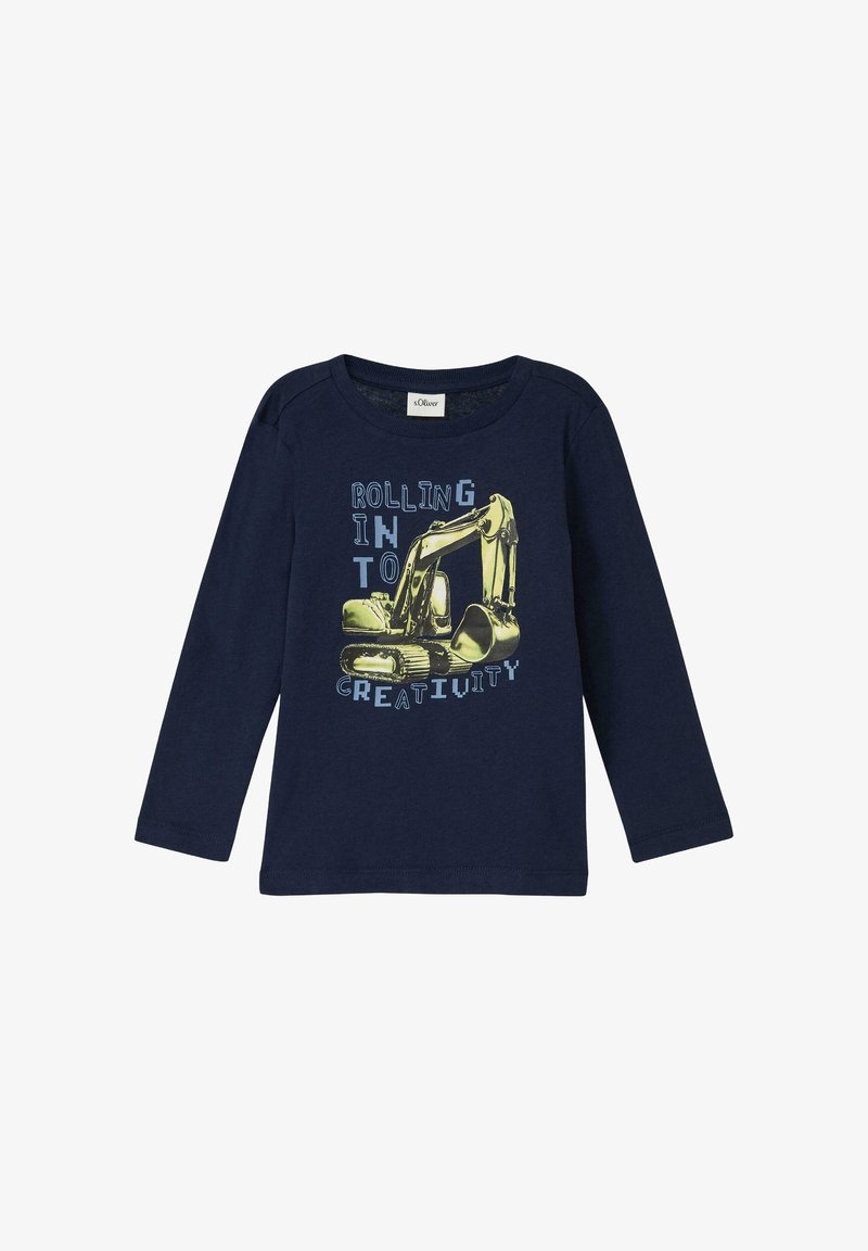 Chemise à manches longues bleu marine avec un graphisme d'excavatrice et le texte "ROLLING INTO CREATIVITY" en bleu et jaune. En coton.