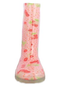 Růžová gumová holínka s motivem třešní a puntíků, texturovaný povrch, průhledná podešev a vysoký design svršku.