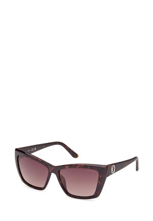 Tortoiseshell sunglasses with gradient brown lenses. Geometric frame with prominent temples featuring a silver logo accent. Smooth texture.