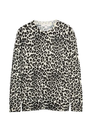 Blusa de manga larga con estampado de leopardo en blanco y negro, con un cuello redondo y dobladillo acanalado, fabricada en material suave. Etiqueta visible en el cuello.