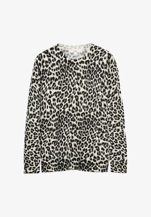 Zwart-wit luipaardprint langemouwen top met een ronde halslijn en ribgebreide zoom, gemaakt van zachte stof. Label zichtbaar bij de hals.