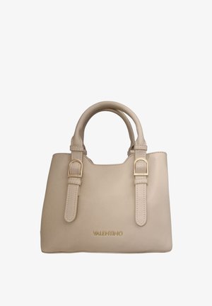 Borsa a mano in pelle beige con doppi manici superiori, accessori color oro e logo in rilievo. Texture liscia e forma strutturata.