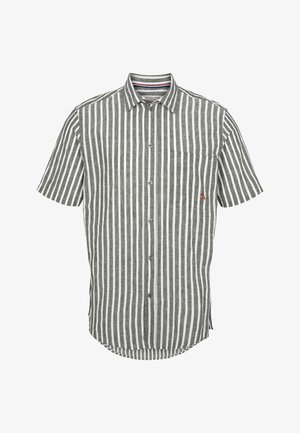 Lühikese varrukaga nööbiga särk rohelise ja valge vertikaalse triibuga, millel on üks rinnatasku ja ümar hem.