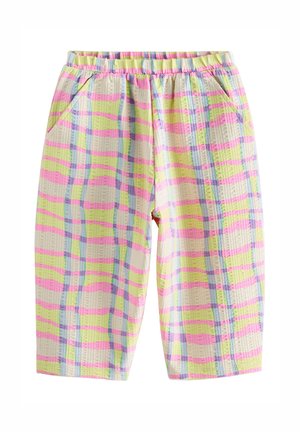 Shorts amples avec ceinture élastique présentant un motif à carreaux pastel jaune, rose et bleu et poches latérales sur tissu texturé.