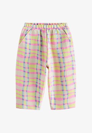 Shorts amples avec ceinture élastique présentant un motif à carreaux pastel jaune, rose et bleu et poches latérales sur tissu texturé.