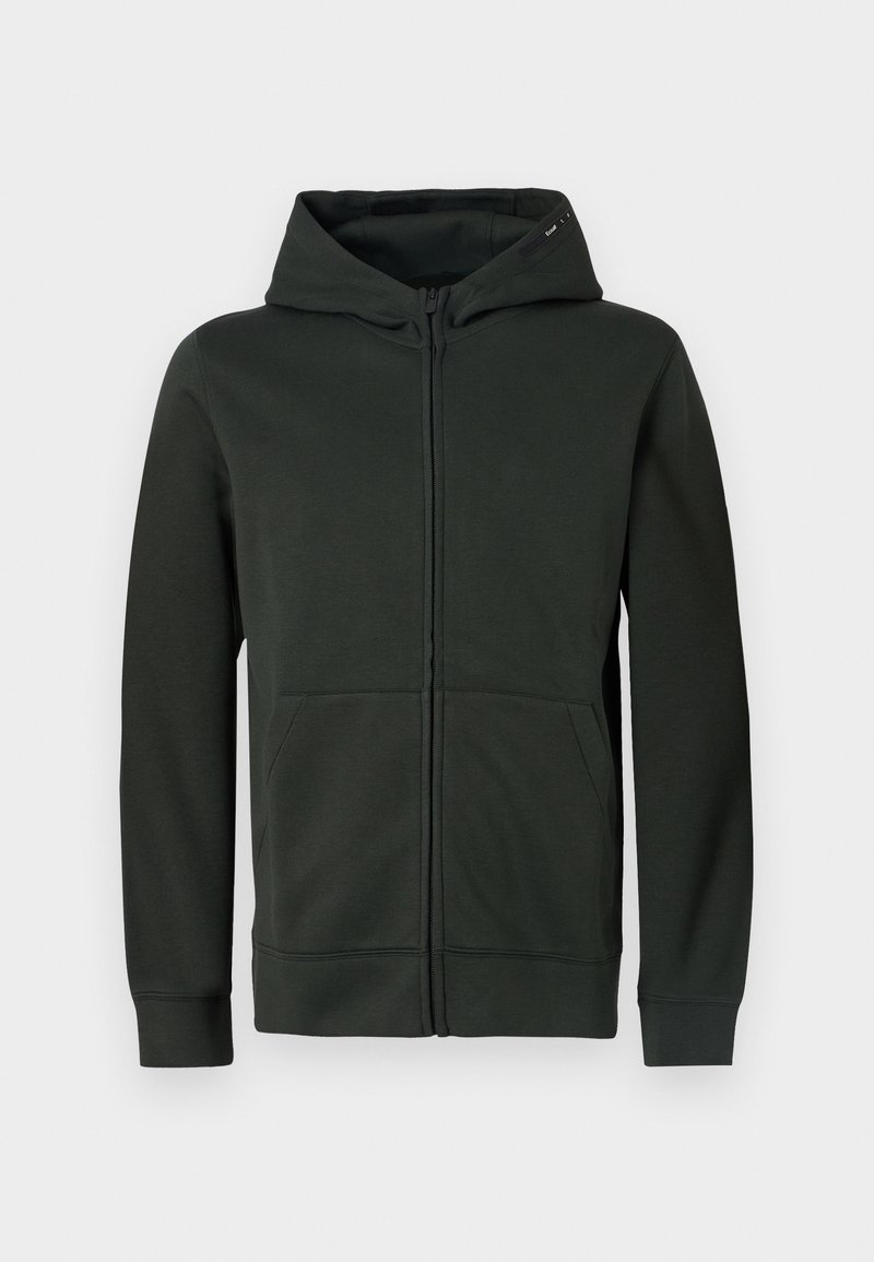 Ciemnozielona bluza z zamkiem błyskawicznym, z kieszenią z przodu, ściągaczami na mankietach oraz regulowanym kapturem na sznurki. Gładka tekstura, sportowy design.