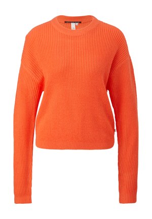 Helle orange Strickjacke mit rundem Halsausschnitt, langen Ärmeln und lockerer Passform. Die Textur ist grob und strukturiert, mit gerippten Bündchen und Saum.