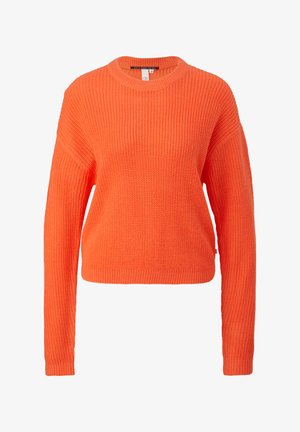 Feloranje gebreide trui met een ronde halslijn, lange mouwen en een losse pasvorm. De textuur is chunky en gestructureerd, met geribde manchetten en een zoom.