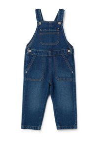 Dunkelblaue Denim-Latzhose mit verstellbaren Trägern, einer Vordertasche und zwei Seitentaschen; mit kontrastierenden Nähten.