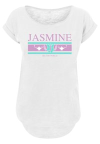 Balta trumpa rankovėmis marškinėlė su laisvu kirpimu. Yra žodis "JASMINE" purpurine spalva, su turkio akcentais ir dekoratyvine grafika žemiau.