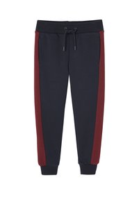 Sweatpants mit einem dunkelblauen Körper und burgunderfarbenen Seitenpaneelen, elastischem Bund, Kordelzugverschluss und zwei seitlichen Taschen.
