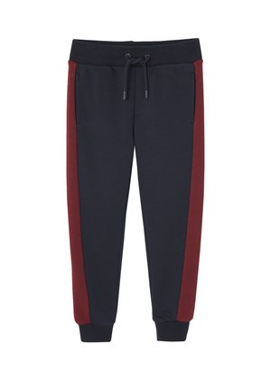 Sweatpants mit einem dunkelblauen Körper und burgunderfarbenen Seitenpaneelen, elastischem Bund, Kordelzugverschluss und zwei seitlichen Taschen.