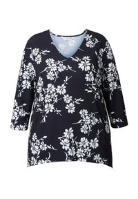 Marineblaue langärmelige Bluse mit weißem Blumenmuster und V-Ausschnitt, im lässigen Schnitt und mit 3/4-Ärmeln.