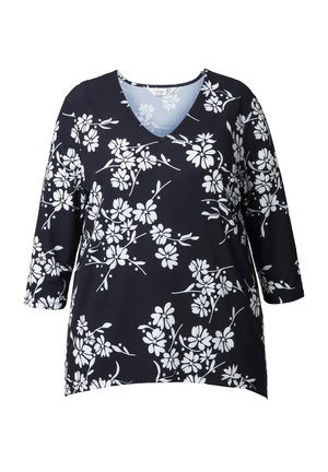 Marineblaue langärmelige Bluse mit weißem Blumenmuster und V-Ausschnitt, im lässigen Schnitt und mit 3/4-Ärmeln.