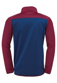 Langärmlige Jacke mit einem Farbblockdesign, das bordeauxrote Ärmel und einen blauen Körper hat. Aus glattem, dehnbarem Material mit einem Stehkragen.