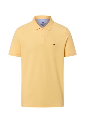 Gelbes kurzärmeliges Baumwoll-Poloshirt mit zwei Knöpfen und kleinem, schwarzem, gesticktem Baumlogo auf der linken Brust.