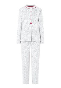 Conjunto de pijama blanco que incluye una parte superior con botones, pliegues, mangas largas y un cuello rojo. Decorado con pequeños estampados florales y acentuado con un lazo.