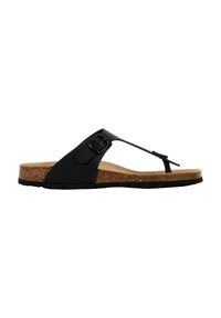 Sort thong-sandal i stil med kork-såler, tekstureret gummisål, justerbar spændebeslag og minimalistisk design.