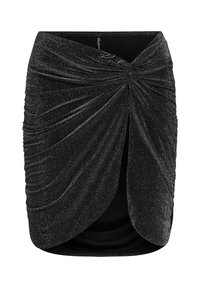 Minifalda negra con brillantina, diseño de drapeado torcido y una abertura lateral. Textura suave con una cinturilla elástica para mayor comodidad.