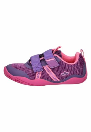 Children's athletic shoe in purple and pink with mesh fabric, two velcro straps, and rubber sole for outdoor activities.