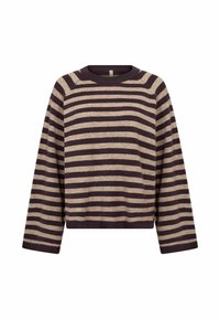 Pletený sveter s horizontálnymi pruhmi v tmavohnedej a béžovej farbe, s okrúhlym výstrihom, spustenými ramenami a uvoľneným strihom. Mäkká textúra.