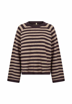 Knit sweater featuring horizontal stripes in dark brown and beige, crew neckline, dropped shoulders, and a relaxed fit. Soft texture.