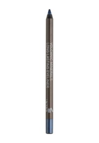 Lápiz de eye-liner marrón con punta azul oscura, que presenta texto plateado en el cuerpo. La longitud es de 12,6 cm, destacando la aplicación suave y la durabilidad prolongada.