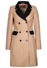 Beige uldblandet frakke med sort revers, dobbeltradet design, sorte detaljer på lommerne og en glat tekstur.