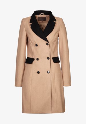 Beige wool blend coat with a black lapel, double-breasted design, black accents on pockets, and a smooth texture.