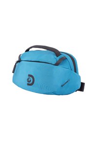 Borsa da viaggio blu con una superficie liscia, dotata di maniglia superiore e dettagli neri. Include una cerniera e un design del logo sul lato.