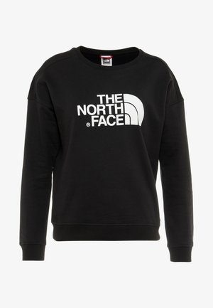 Black sweatshirt made of cotton blend, featuring a round neckline and long sleeves, with a prominent white logo on the front.