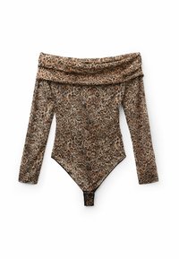Dlouhý rukáv, tygrovaný bodysuit s volnými rameny, s překládaným výstřihem a patentkami v dolní části.