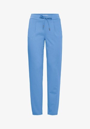 Niebieskie spodnie dresowe wykonane z miękkiego materiału z elastycznym paskiem w talii, sznurkiem do regulacji i dwoma przednimi kieszeniami. Gładka faktura i zwężany krój.