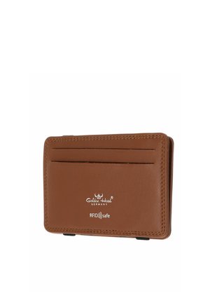 Brown leather RFID-safe wallet with stitched edges, two card slots, and "Golden Head Germany" logo on front.