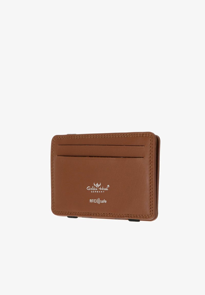 Portefeuille en cuir marron sécurisé RFID avec bords cousus, deux emplacements pour cartes et logo "Golden Head Germany" sur le devant.