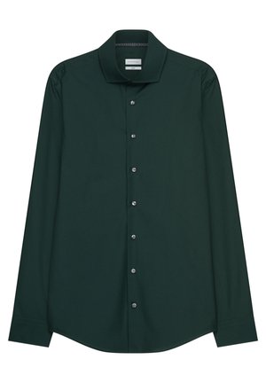 Chemise à manches longues vert foncé en tissu lisse, avec un col classique et une fermeture à six boutons en métal argenté. Texture subtile sur le tissu.