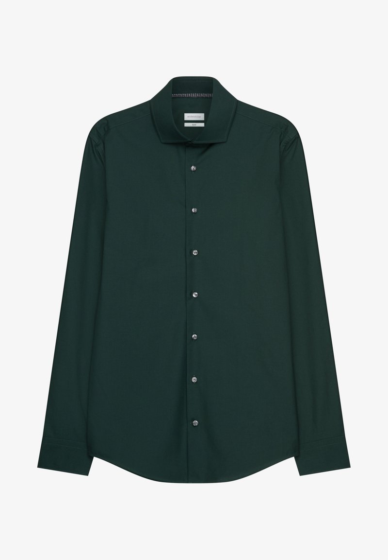 Dark green long-sleeve shirt made of smooth fabric, featuring a classic collar and six button closure with silver buttons. Subtle texture on the fabric.