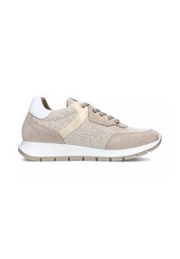 Sneaker in tessuto beige con accenti in camoscio, parte superiore in maglia testurizzata, linguetta bianca sul tallone, lacci beige e suola in gomma per una maggiore aderenza.