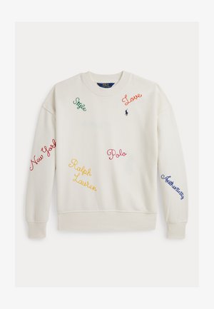 Sweatshirt branca com texto bordado multicolorido: "Nova Iorque", "Estilo", "Amor", "Polo", "Ralph Lauren" e "Autenticidade". Design com gola redonda.