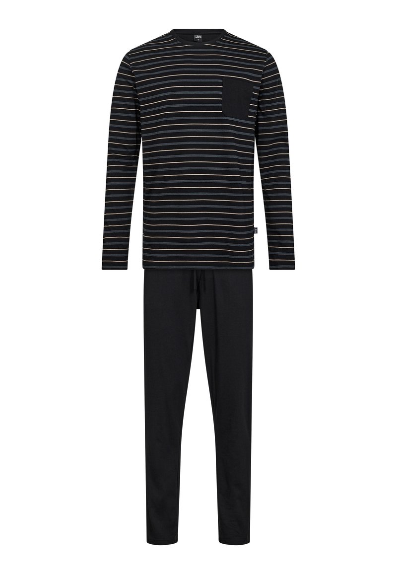 Stripet langærmet top i sort, grå og creme med en brystlomme, parret med ensfarvede sorte bukser. Blødt stof, afslappet pasform.