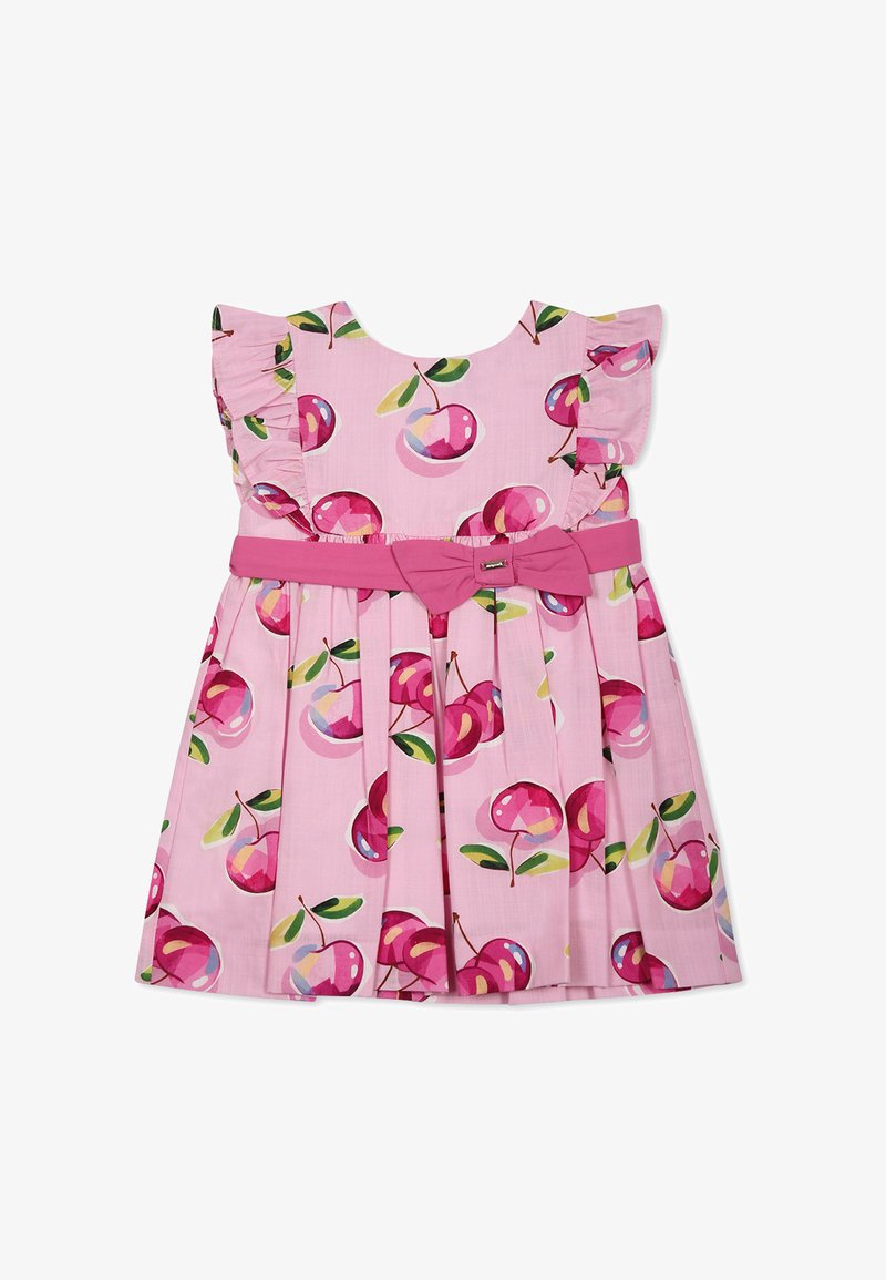 Abito rosa con maniche voluminose e stampa di ciliegie. Presenta una gonna plissettata e una cintura abbinata con un dettaglio a fiocco al centro.