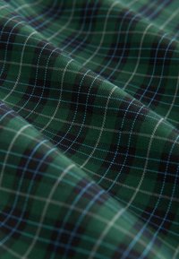 Grønt ternet stof med firkanter i sort og blå med en tekstureret vævning. Mønsteret består af krydsende linjer i kontrasterende farver.