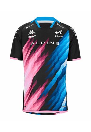 Black sports jersey with pink and blue geometric patterns, “ALPINE” text, and multiple sponsor logos including Microsoft and Castrol.
